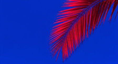 A single red palm frond is sharply contrasted against a solid, vibrant blue background. The frond's delicate leaflets are clearly defined, showcasing its intricate pattern. The intense color saturation and minimalist composition create a striking, abstract visual.の写真素材