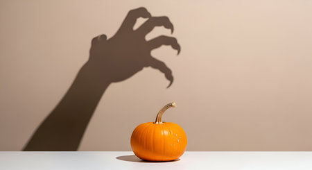 A small, bright orange pumpkin sits on a white surface in front of a beige wall. A large, menacing shadow of a clawed hand is cast on the wall behind the pumpkin, creating a spooky and suspenseful atmosphere. The image is minimalist and focuses on the contrast between the innocent pumpkin and the threatening shadow.の写真素材