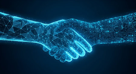 A striking visual of two hands shaking, rendered in a futuristic digital style. One hand is a blue wireframe mesh, while the other is composed of intricate blue circuit board patterns. The image symbolizes a digital handshake, representing agreement, partnership, and technological collaboration.の写真素材