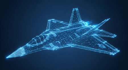 A futuristic fighter jet rendered as a blue glowing wireframe model against a dark blue background. The intricate network of lines and points creates a sense of advanced technology and digital design. The aircraft appears to be in motion, with subtle light trails emanating from its engines.の写真素材