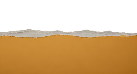 A horizontal image showing a torn edge of paper against a split background. The top portion is a clean white, while the bottom portion is a solid, warm brown. The torn edge is rough and uneven, revealing the textured layers of the paper.の写真素材