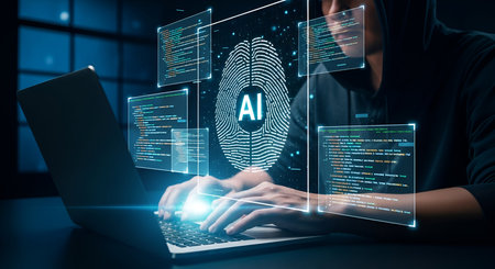 A person wearing a hooded sweatshirt is typing on a laptop. Holographic digital screens surround them, displaying lines of code and a prominent AI fingerprint graphic. The scene suggests artificial intelligence, programming, and data analysis in a digital environment.の写真素材