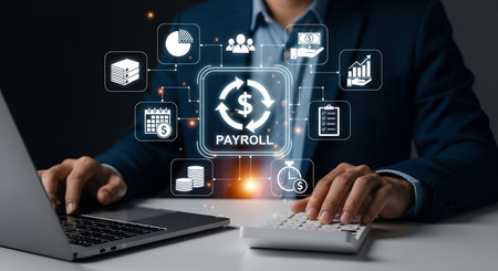 A man in a suit is shown working on a laptop and calculator, with a digital interface displaying payroll icons. The icons represent various aspects of payroll processing, including employee management, financial charts, calendar, stacks of documents, coins, and a clock. The central icon features a dollar sign within a circular arrow, symbolizing the payroll cycle.の写真素材