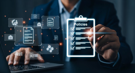 A businessman in a suit is pointing at a digital checklist labeled "Policies" on a glowing interface. Surrounding icons represent different aspects of business and documentation, suggesting policy review and management.の写真素材
