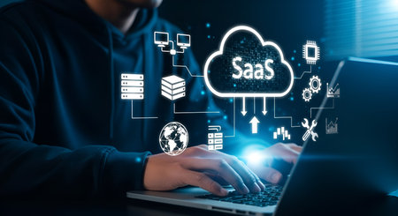 This image visually represents the concept of Software as a Service (SaaS) within a cloud computing framework. A prominent cloud icon labeled "SaaS" is depicted, with lines connecting it to various technology icons such as servers, processors, and network diagrams, illustrating data flow and connectivity.の写真素材