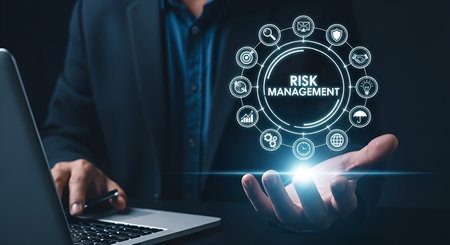 A businessman in a suit holds out his palm, upon which a glowing circular diagram of risk management is displayed. The diagram features icons representing various risks and mitigation strategies, such as an umbrella, a clock, and a shield. A laptop is visible in the foreground, suggesting a connection to digital business operations.の写真素材