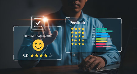 A person's hands are visible as they interact with a futuristic digital interface displaying customer satisfaction metrics. The interface shows a smiley face, 5.0 rating with stars, and a bar graph representing feedback data. A checkmark icon signifies a positive outcome.の写真素材