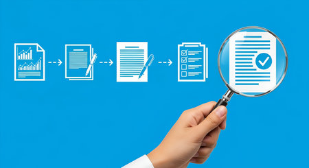 A hand holds a magnifying glass over a document with a checkmark, signifying approval. To the left, a sequence of icons illustrates a process: a document with a chart, a document with a pen writing, a document with a pen, and a checklist. These icons are connected by arrows, depicting a step-by-step workflow from initial review to final verification against a bright blue background.の写真素材