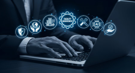 A close-up shot of a person's hands typing on a laptop keyboard. Above the laptop, a glowing blue holographic interface displays various icons related to facility management, including a building, security shield, globe, tools, and an AI chip. The background is dark and blurred, emphasizing the digital display.の写真素材