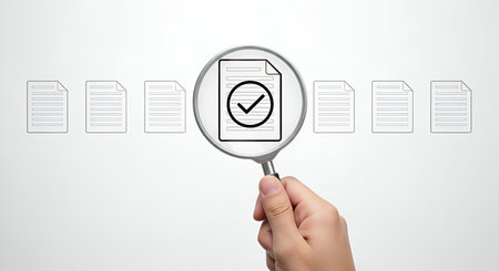 A hand holds a magnifying glass over a document that features a prominent checkmark within a circle. The document is part of a row of identical, blank documents stretching across a clean white background. The image conveys a sense of scrutiny, verification, and the importance of detail in reviewing documents.の写真素材
