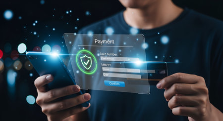 A person is holding a smartphone and a credit card, interacting with a holographic payment interface. The interface displays fields for card number, expiry date, and CVV, along with a prominent shield icon indicating security. This image represents secure online transactions and mobile payment technology.の写真素材