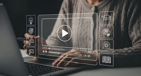 A person wearing a grey cardigan is using a laptop, interacting with a holographic video player interface. The interface features a large play button, playback controls, and volume sliders. On the right side of the interface are icons representing education, including a graduation cap, a brain, gears, a book, a lightbulb, a target, and a presentation chart.の写真素材