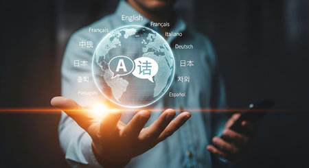 A person in a light blue shirt holds out their hand, palm up, supporting a glowing, transparent globe. Around the globe, various languages are displayed, and at the center, a large letter "A" is enclosed within a speech bubble, alongside another speech bubble with Chinese characters. A bright orange light streak emanates from the left side of the image.の写真素材