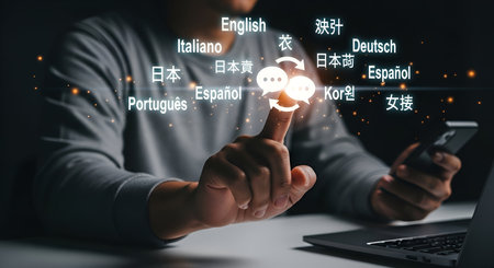 A person's finger is touching a digital interface displaying multiple language names such as English, Italiano, Deutsch, Espa?ol, Portugu?s, ???, ???, and ??. Two speech bubble icons with arrows between them symbolize translation. The context suggests a language translation application or service, with a smartphone and laptop in the background.の写真素材