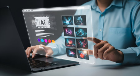 A person's hands are shown interacting with a transparent digital screen displaying a user interface with AI generated art. The screen shows a webpage layout with a stamp icon labeled "AI", a color palette, and a grid of abstract, glowing images. The person is using a laptop and touching the screen, suggesting engagement with digital content creation or curation.の写真素材