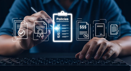 A person's hands are shown interacting with a digital interface displaying various policy-related icons. In the foreground, a keyboard is visible. The icons include a clipboard with a checklist, a document with a seal, a document with a checkmark, a document with a signature, and a document with a pen. A document with dollar signs and a percentage symbol is also present. The overall theme is digital policy management and compliance.の写真素材
