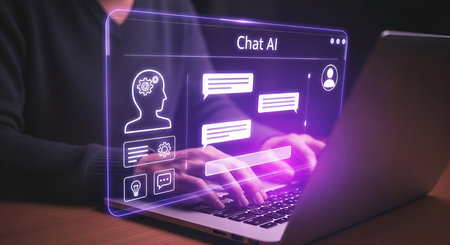 A person in a dark shirt is typing on a laptop. A holographic interface with a purple glow displays an AI chatbot conversation. The interface features AI head icons, chat bubbles, and other digital elements. The overall scene is dark, highlighting the luminous interface.の写真素材