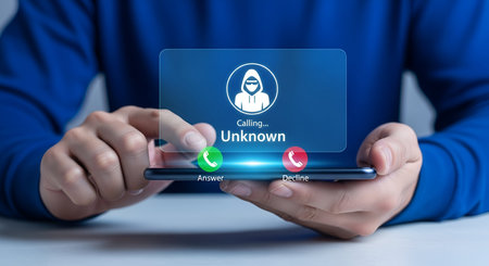 A person's hands hold a smartphone displaying an incoming call from an unknown number. A holographic interface shows a hooded figure icon and the text "Calling... Unknown" with prominent green "Answer" and red "Decline" buttons. The user's finger is poised to interact with the screen.の写真素材