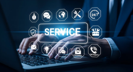 A person's hands are shown typing on a laptop keyboard. A large rectangular graphic displays the word "SERVICE" in bright blue letters. This graphic is surrounded by a ring of white icons representing various aspects of service, including email, chat, phone, tools, and a 24/7 clock.の写真素材