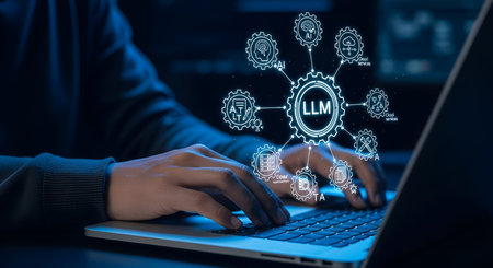 A close-up view of a person's hands typing on a laptop keyboard. Above the laptop, a glowing blue network of icons is displayed, centered around the text "LLM". The surrounding icons represent various aspects of artificial intelligence and technology, including gears, a brain, a cloud with a download arrow, code symbols, and a lightbulb. The overall scene is dark with blue ambient lighting, highlighting the technological theme.の写真素材