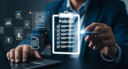 A person's hands are on a laptop, while another hand holds a stylus, pointing to a glowing digital clipboard displaying a checklist titled "Policies." The checklist has multiple items with checkmarks. Surrounding the clipboard are various digital icons related to business and documentation.の写真素材