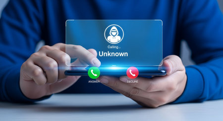 A person is holding a smartphone displaying an incoming call screen. The caller ID shows "Unknown" with a hooded figure icon, indicating a potentially suspicious or unwanted call. The screen presents two clear options: a green "ANSWER" button and a red "DECLINE" button, allowing the user to choose how to proceed.の写真素材