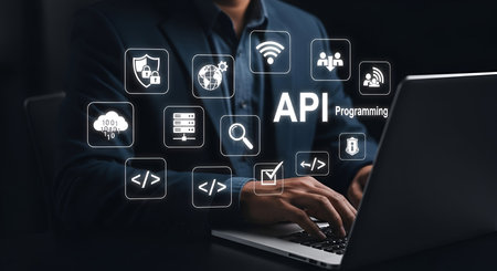 A person is typing on a laptop with various digital icons floating around them. The icons represent concepts like API programming, cloud computing, databases, security, Wi-Fi, and coding. The word "API Programming" is prominently displayed. The scene suggests software development and digital connectivity.の写真素材