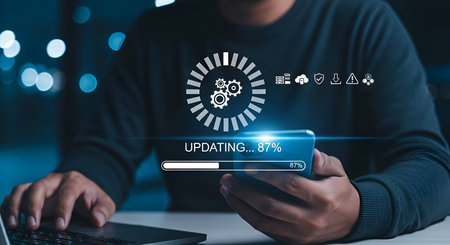 A person holds a smartphone in their hands, displaying a screen with a progress bar indicating "UPDATING... 87%". Above the progress bar, a circular graphic with gears and radiating lines is shown, along with several small icons representing cloud storage, security, and warnings. The person's other hand is on a laptop keyboard in the foreground. The background is dark with blurred blue lights.の写真素材