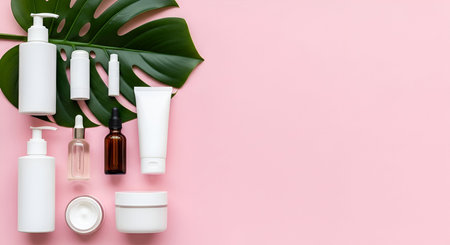 Showcasing showing assorted skincare products and monstera leaf on pink background keywords: skincare, beauty products, cosmetics, bottles, jars, serum, lotion, cream, dropper, monstera leaf, tropical, green leaf, pink background, flat lay, top view, arrangement, clean, minimalist, wellness, self-care, organic, natural, hygiene, health, personal care, feminine, aesthetic, collection description: a collection of white and clear skincare bottles, jars, and a dropper are neatly arranged on a...の写真素材