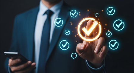 A businessman in a suit and tie is seen from the chest down, holding a smartphone in his left hand. His right index finger is extended, touching a large, glowing orange check mark within a circle. Surrounding this central icon are smaller, glowing blue check marks and circular elements, suggesting a digital interface or a concept of successful task completion and verification. The background is dark and out of focus.の写真素材