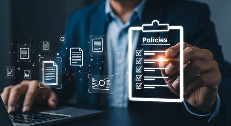 A businessman in a suit is shown reviewing a digital clipboard displaying a checklist of policies. Around him, digital icons representing documents, data charts, and workflow processes float. He is typing on a laptop, suggesting active engagement with business operations and compliance.の写真素材