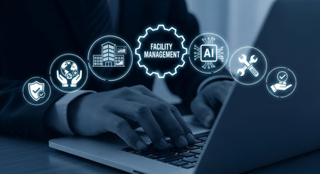 A close-up of hands typing on a laptop. A circular digital interface hovers above the keyboard, featuring an icon labeled "FACILITY MANAGEMENT" in the center. Surrounding it are various icons representing different aspects of facility management, including buildings, a globe, a shield, AI, and tools.の写真素材