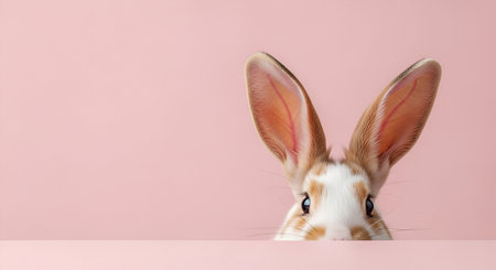 A close-up shot of a cute bunny rabbit peeking over the edge of a pink surface. The bunny has prominent, long ears with pink inner lining and its face is partially visible, showing its eyes and whiskers. The background is a soft, solid pink, creating a clean and minimalist aesthetic.の写真素材