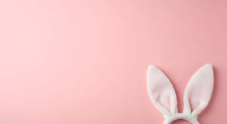 A pair of fluffy white bunny ears on a headband is positioned in the bottom right corner against a plain, soft pink background. The ears are plush and have a slight sheen, suggesting a soft texture. The image is minimalist and focuses on the Easter-themed accessory.の写真素材