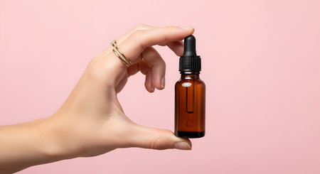 Stock showing hand holding amber dropper bottle with pink background. High resolution image suitable for commercial use. Clear details and vibrant colors enhance visual appeal.の写真素材
