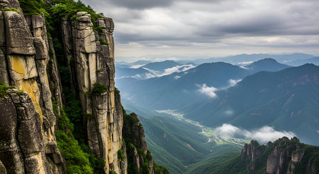 A breathtaking mountain landscape unfolds under a dramatic, overcast sky. Towering, rugged cliffs dominate the left foreground, covered in patches of green vegetation. The view extends into a vast expanse of rolling green valleys, partially obscured by swirling mist and clouds, with a small village nestled in the distance.の写真素材