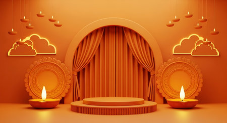 An orange-hued stage features a central podium and an arched backdrop with draped curtains. The scene is adorned with hanging diya lamps and decorative elements resembling clouds and mandalas on either side. Large, lit diya lamps are placed at the base of the stage, creating a warm and festive atmosphere suitable for celebrations or product displays.の写真素材
