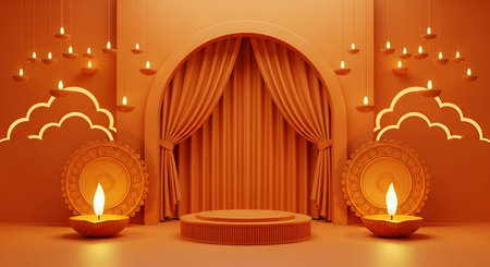 An elaborately decorated stage set against an orange backdrop. A central tiered podium is flanked by ornate decorative elements and lit by traditional diya lamps. Heavy orange curtains hang behind the podium, and smaller diya lamps are suspended from the ceiling, creating a warm and festive ambiance.の写真素材