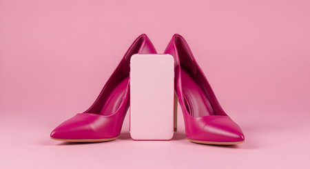 A pair of vibrant pink stiletto high heels are positioned on a solid pink background, with their pointed toes facing outwards. Centered between the heels is a blank, white smartphone, its screen empty and ready for content. The composition is clean and minimalist, highlighting the fashion accessory and the technology device.の写真素材