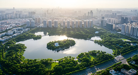 An expansive aerial view reveals a modern city with a large, verdant park at its center. A serene lake with a small, tree-covered island is a focal point within the park. Surrounding the park are numerous residential buildings and skyscrapers, showcasing a blend of urban development and green space. Roads and traffic are visible, indicating a bustling city environment.の写真素材