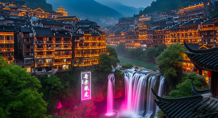 An atmospheric view of a traditional Chinese village nestled beside a cascading waterfall. The multi-story wooden buildings, adorned with glowing lights and lanterns, line the riverbanks. The waterfall is illuminated with vibrant pink neon lights, creating a striking contrast with the dusky sky and surrounding greenery.の写真素材