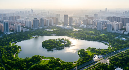 An aerial view of a large city park featuring a serene lake with a small, tree-covered island. The lake's surface reflects the sunlight and surrounding greenery. The park is bordered by a road with trees and is set against a backdrop of a dense urban skyline with numerous modern buildings and skyscrapers. The scene captures a blend of nature and urban development.の写真素材