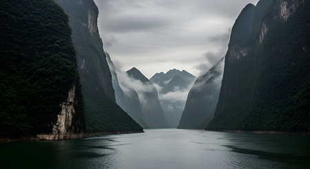 A deep river gorge is framed by towering, steep cliffs densely covered in green foliage. The calm water of the river reflects the overcast sky and the imposing mountains in the distance. Wisps of mist and fog cling to the mountain peaks, creating a dramatic and moody atmosphere. The scene evokes a sense of remoteness and natural grandeur.の写真素材