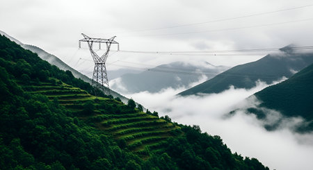 A tall electricity transmission tower stands on a steep, green mountainside covered in agricultural terraces. Wisps of mist and clouds drift through the valleys between layered, verdant mountains under an overcast sky. The scene depicts the integration of industrial infrastructure with a natural, cultivated landscape.の写真素材