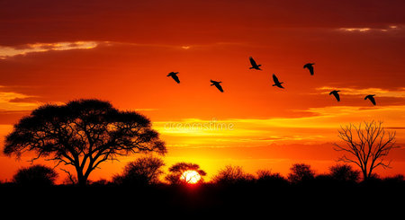 A dramatic African sunset paints the sky in fiery shades of orange and red. Silhouettes of acacia trees and bushes form a stark contrast against the vibrant horizon. A flock of birds flies across the sky, adding a sense of movement and wildness to this breathtaking natural scene.の写真素材