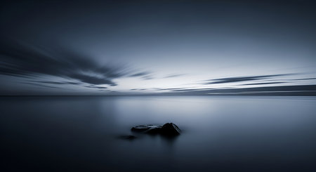 A minimalist seascape captured at twilight or dawn. Dark, still water fills the foreground, with a few dark rocks emerging from the surface. The sky above is a deep, moody blue, with dramatic, motion-blurred clouds streaking across the horizon, suggesting movement in the sky against the stillness of the water.の写真素材
