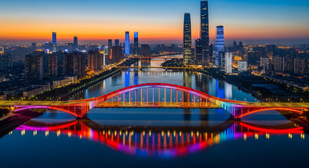 City skyline with illuminated arch bridge at dusk. High resolution image suitable for commercial use. Clear details and vibrant colors enhance visual appeal.の写真素材