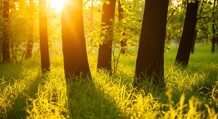 Sunlight streams through the canopy of a forest, casting bright sunbeams and dappled light onto the lush green grass and tree trunks. The focus is on the textured ground and the vertical lines of the tree trunks, creating a sense of depth and tranquility.の写真素材