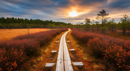 A wooden boardwalk winds its way through a marshy landscape at sunset. The sky is painted with warm orange and yellow hues, with dramatic clouds. The surrounding vegetation consists of dry grasses and low-lying bushes with reddish-brown leaves, creating an autumnal feel. The path leads towards the horizon, inviting exploration.の写真素材