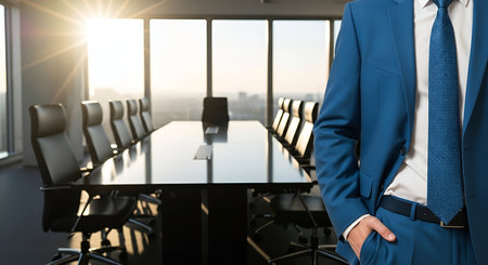 A man in a sharp blue suit stands in the foreground of a modern boardroom. Sunlight streams through large windows, illuminating a long, polished conference table surrounded by executive chairs. The sunflare creates a bright, optimistic atmosphere.の写真素材